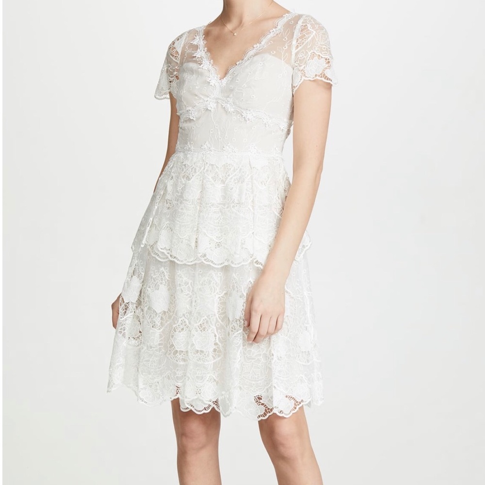 Marchesa Notte Floral Eyelet Tiered Cocktail Dress